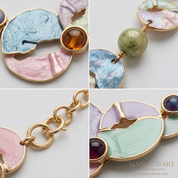 Le Macaron - Collana Geometrica Astratta colore Oro con Smalto resina Rosa, Lilla e Azzurro