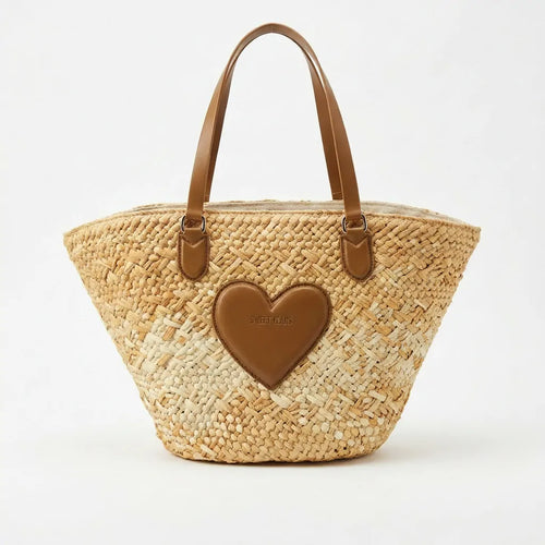 Sweet Years - Borsa shopping spalla paglia carta intrecciata simil pelle cuore capiente mare