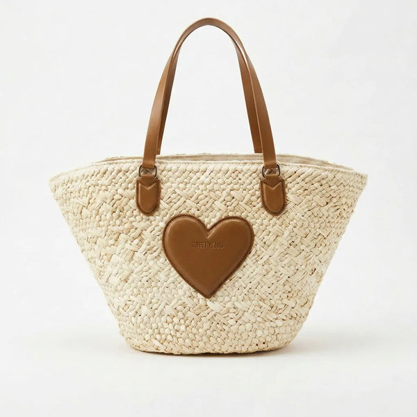 Sweet Years - Borsa shopping spalla paglia carta intrecciata simil pelle cuore capiente mare