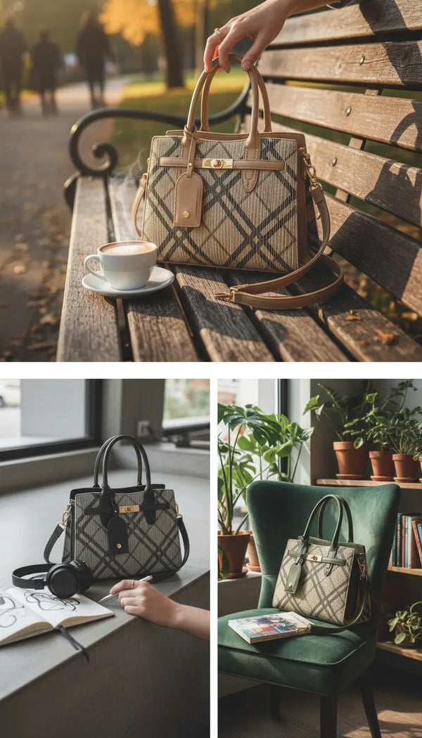 Dudlin - Borsa Donna bauletto borsetta bag Casual rigido simil pelle fantasia tartan scozzese