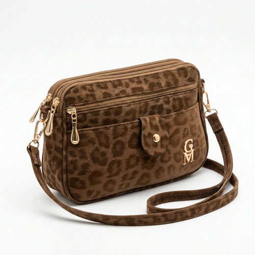 La Lion - Borsa borsetta donna a tracolla firmata gyoiamea nuova 5 tasche zip fantasia leopardata