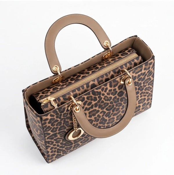 Tigrotta - Borsa grande e borsa piccola bauletto borsetta rigida simil pelle fantasia animalier leopardata rigida