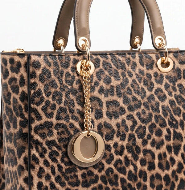 Tigrotta - Borsa grande e borsa piccola bauletto borsetta rigida simil pelle fantasia animalier leopardata rigida