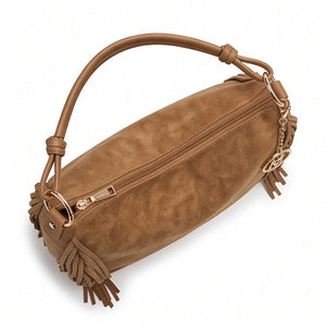Carmela - Borsa mono manico frange piccola unica tinta simil pelle camoscio scamosciata frange