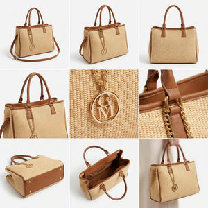 Luna - Borsa shopping spalla paglia effetto raffia sintetica intrecciata simil pelle grande tracolla