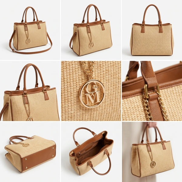 Luna - Borsa shopping spalla paglia effetto raffia sintetica intrecciata simil pelle grande tracolla