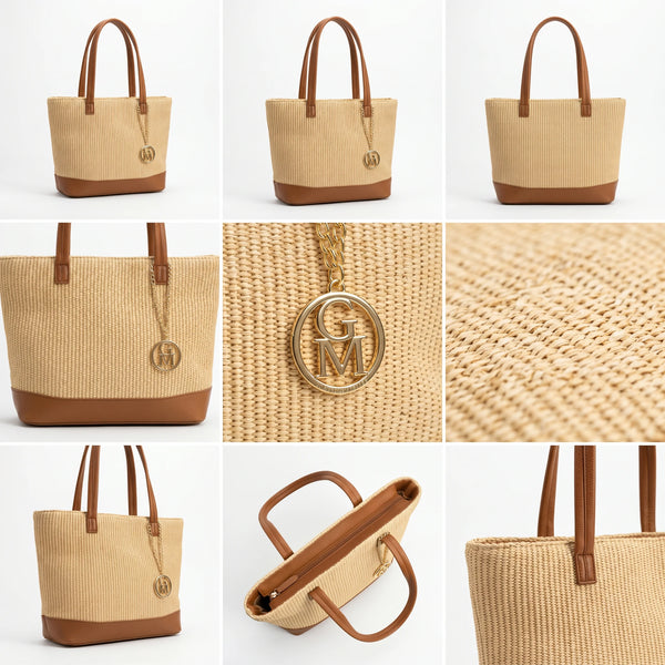 Ambra - Borsa shopping spalla paglia effetto raffia sintetica intrecciata simil pelle grande