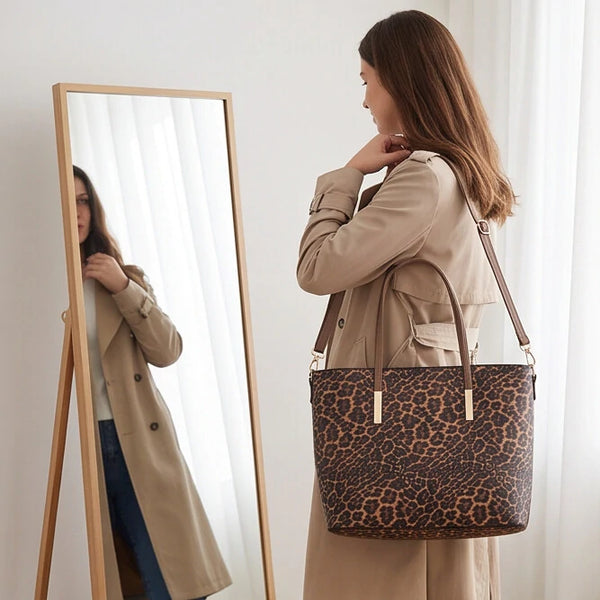Shoppertiger - Borsa grande e borsa piccola tote borsetta rigida simil pelle fantasia animalier leopardata