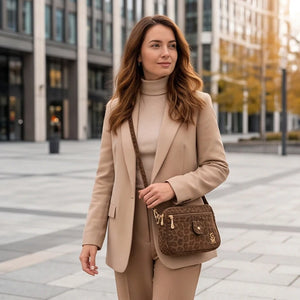 La Lion - Borsa borsetta donna a tracolla firmata gyoiamea nuova 5 tasche zip fantasia leopardata