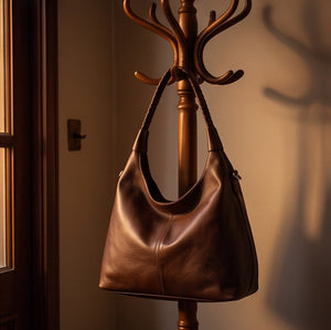 Borsa donna arrotondata con manici intrecciati e tracolla con nodo monomanico