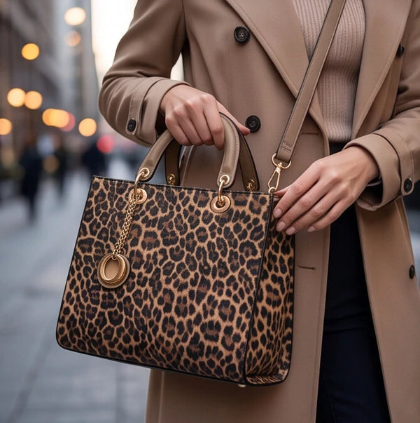 Tigrotta - Borsa grande e borsa piccola bauletto borsetta rigida simil pelle fantasia animalier leopardata rigida