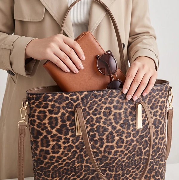 Shoppertiger - Borsa grande e borsa piccola tote borsetta rigida simil pelle fantasia animalier leopardata