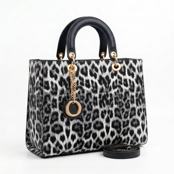Tigrotta - Borsa grande e borsa piccola bauletto borsetta rigida simil pelle fantasia animalier leopardata rigida