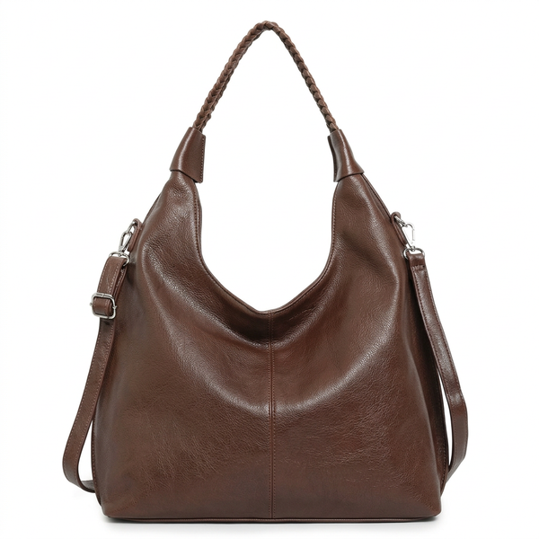Borsa donna arrotondata con manici intrecciati e tracolla con nodo monomanico