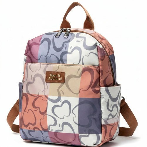 Zaino donna firmato Baci & Abbracci multitasche fantasia logo impermeabile zip zainetto