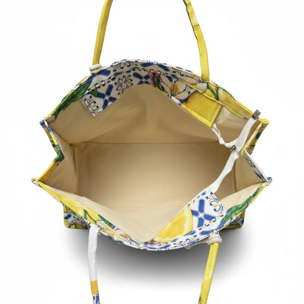 La Limonata - Borsa Shopper in Juta Beige con logo Boho e Pochette fantasia limoni fiori