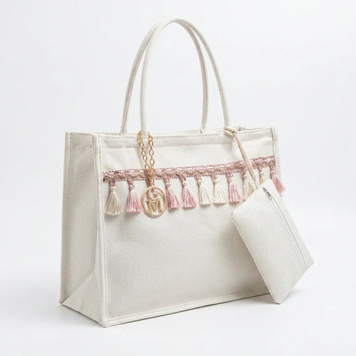 La Nascente - Borsa Shopper in Juta Beige con Nappine Boho e Pochette