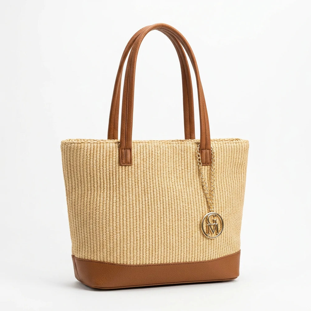 Ambra - Borsa shopping spalla paglia effetto raffia sintetica intrecciata simil pelle grande