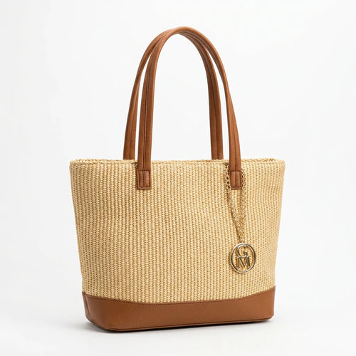 Ambra - Borsa shopping spalla paglia effetto raffia sintetica intrecciata simil pelle grande