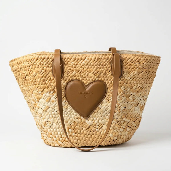 Sweet Years - Borsa shopping spalla paglia carta intrecciata simil pelle cuore capiente mare