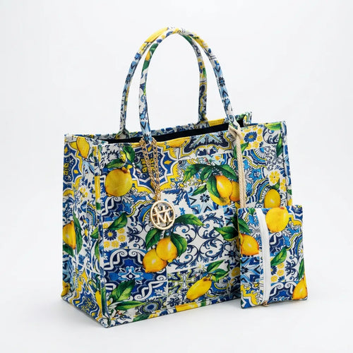 La Limonata - Borsa Shopper in Juta Beige con logo Boho e Pochette fantasia limoni fiori