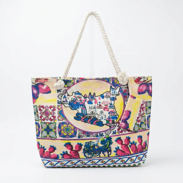 La Sicilia Bedda -  Borsa mare fantasia logo regione donna manici in corda