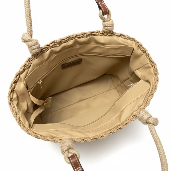 La Sola - Borsa paglia rigida tote bag shopping spalla manici in cuoio e corda
