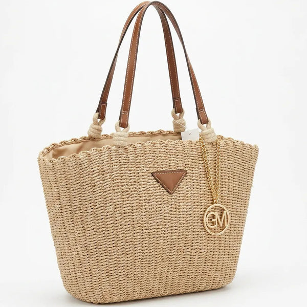La Sola - Borsa paglia rigida tote bag shopping spalla manici in cuoio e corda