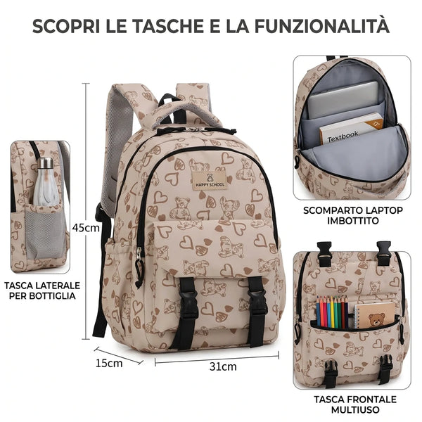Baci&Abbracci - Zaino scuola viaggio con imbottitura femminile donna fantasia orsacchiotti cuori ragazza