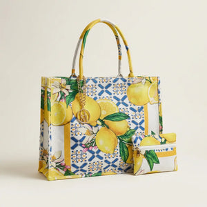 La Limonata - Borsa Shopper in Juta Beige con logo Boho e Pochette fantasia limoni fiori
