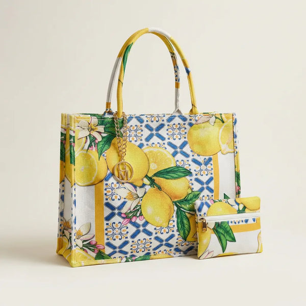 La Limonata - Borsa Shopper in Juta Beige con logo Boho e Pochette fantasia limoni fiori