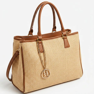 Luna - Borsa shopping spalla paglia effetto raffia sintetica intrecciata simil pelle grande tracolla