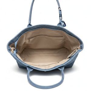 Valerya - Borsa Shopper Grande in Tela Denim Azzurra con Foulard e Tracolla