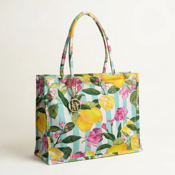 La Limonata - Borsa Shopper in Juta Beige con logo Boho e Pochette fantasia limoni fiori