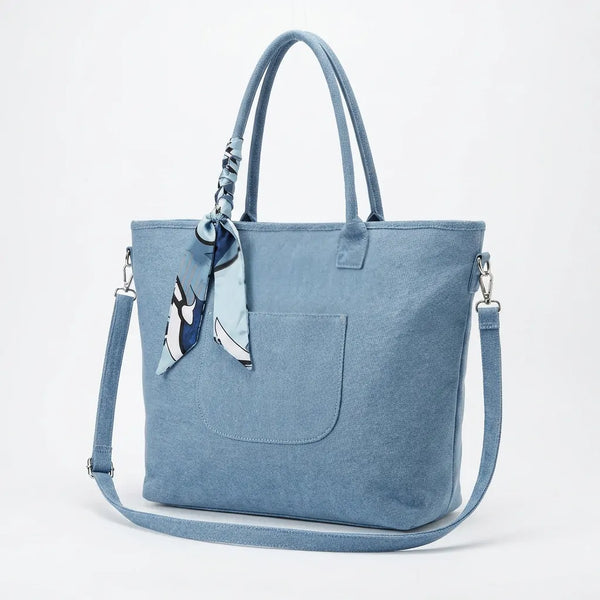 Valerya - Borsa Shopper Grande in Tela Denim Azzurra con Foulard e Tracolla