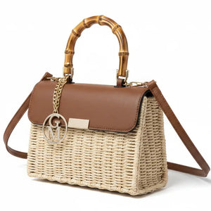 La Casciola - Borsa Bauletto Donna In Paglia Rigida con Tracolla Borsetta Estiva a Mano legno manico bambu bamboo