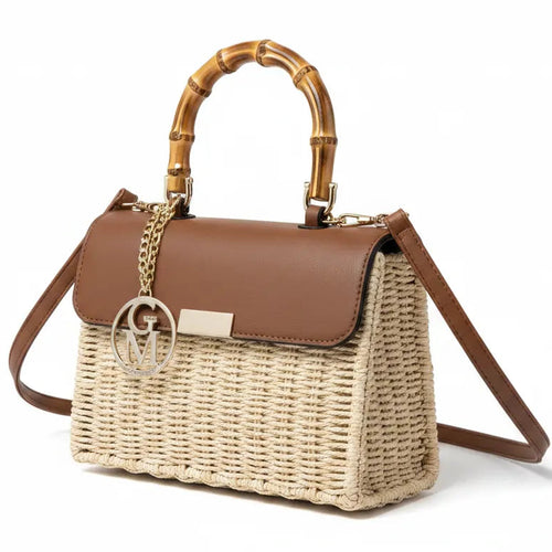 La Casciola - Borsa Bauletto Donna In Paglia Rigida con Tracolla Borsetta Estiva a Mano legno manico bambu bamboo