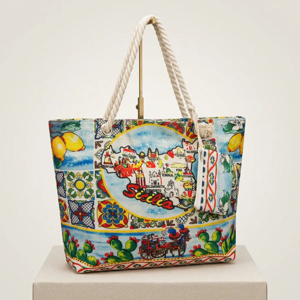 La Sicilia Bedda -  Borsa mare fantasia logo regione donna manici in corda