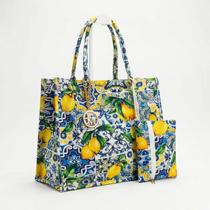 La Limonata - Borsa Shopper in Juta Beige con logo Boho e Pochette fantasia limoni fiori