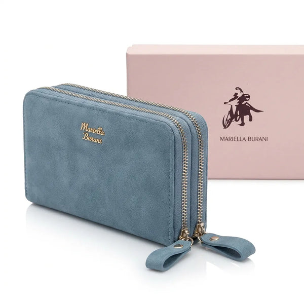 Mariella Burani  - portafoglio 2 zip cerniere firmato donna con scatola porta carte donna novità simil camoscio scamosciata pelle idea regalo