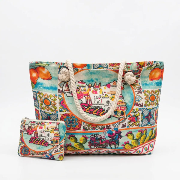 La Sicilia Bedda -  Borsa mare fantasia logo regione donna manici in corda