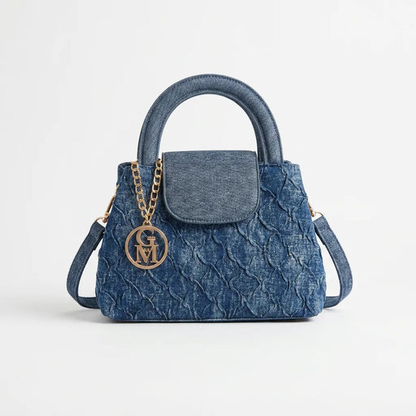 Azzurra - Borsa a Mano tracolla in Jeans Denim Lavorato con Tracolla e Ciondolo