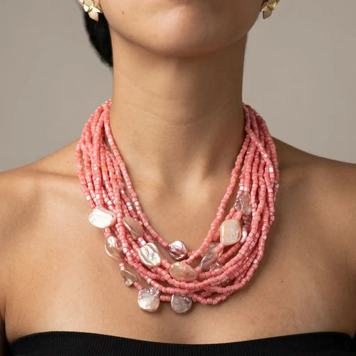 Corallo Rosa - Collana Multifilo Vistosa Rosa Corallo con Grandi Perle Barocche