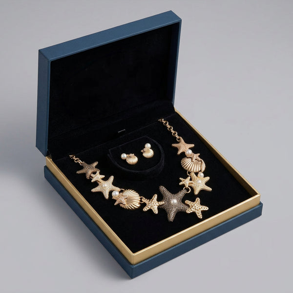 Le Stelle d'oro - set Parure Collana e orecchini abbinati in ottone Mare colore Oro con Ciondoli Stelle Marine, Conchiglie e Perle
