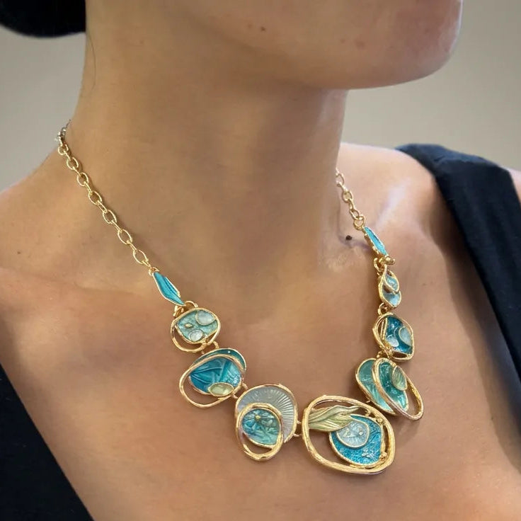 Marea Dorata - Collana Girocollo colore Oro con Elementi Geometrici Smaltati Turchese e Blu