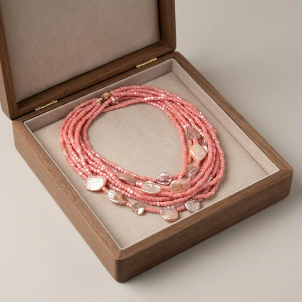 Corallo Rosa - Collana Multifilo Vistosa Rosa Corallo con Grandi Perle Barocche