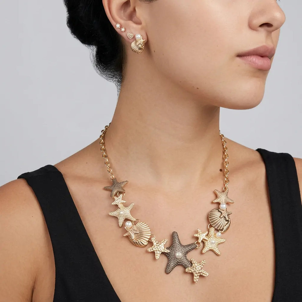 Le Stelle d'oro - set Parure Collana e orecchini abbinati in ottone Mare colore Oro con Ciondoli Stelle Marine, Conchiglie e Perle