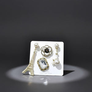 Set Spilla Donna Vintage Chic con Perle, Cristallo e Charms Torre Eiffel — Spille Dorate Fashion