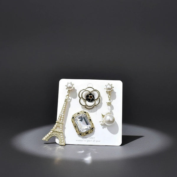 Set Spilla Donna Vintage Chic con Perle, Cristallo e Charms Torre Eiffel — Spille Dorate Fashion