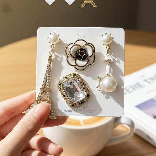 Set Spilla Donna Vintage Chic con Perle, Cristallo e Charms Torre Eiffel — Spille Dorate Fashion